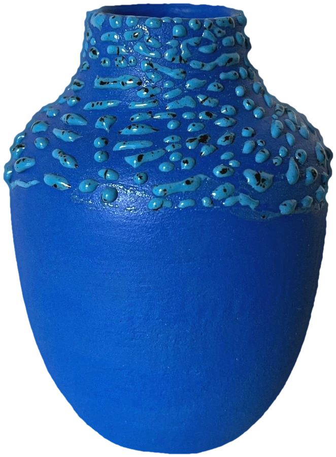 Deep blue handmade ceramic vase with textured droplets around the neck